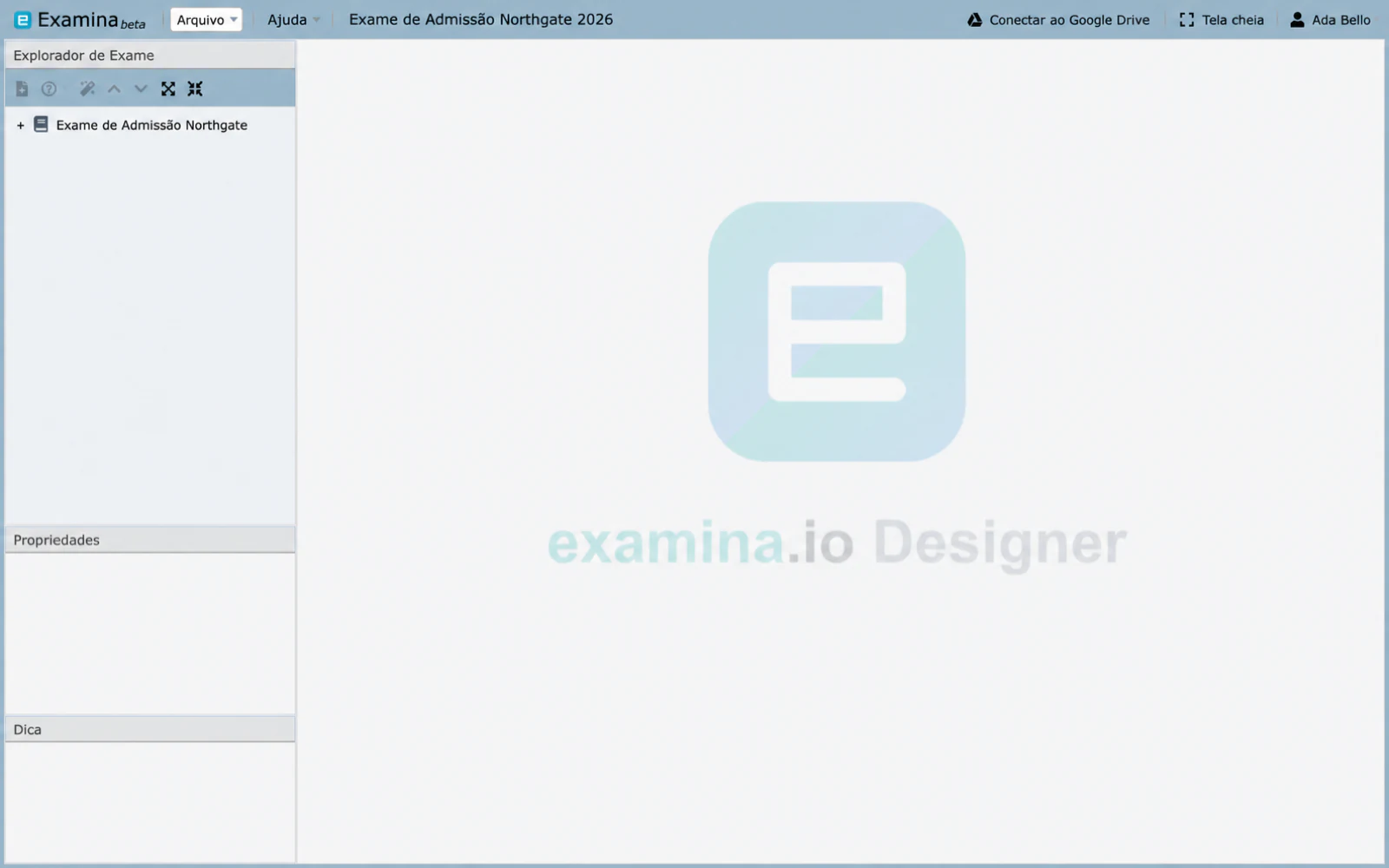 O projeto de exemplo aberto, com seu exame no Exam Explorer