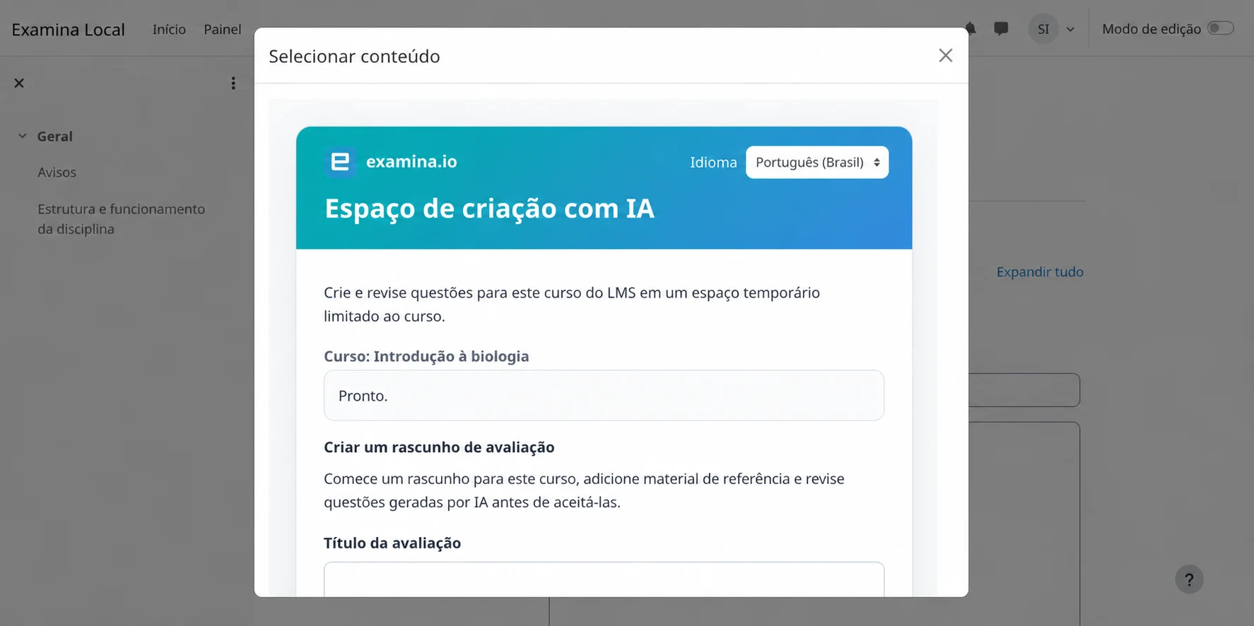 Iniciar um rascunho do curso no espaço de criação com IA