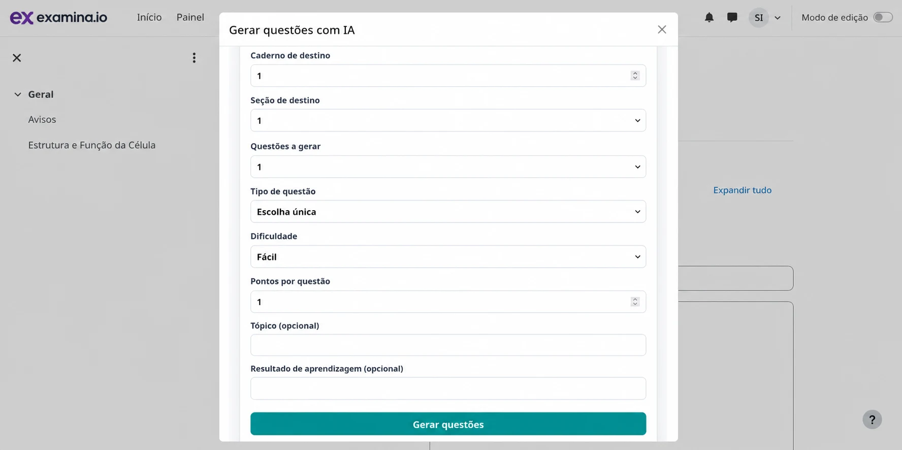 Escolher destino, tipo, dificuldade e valor em pontos