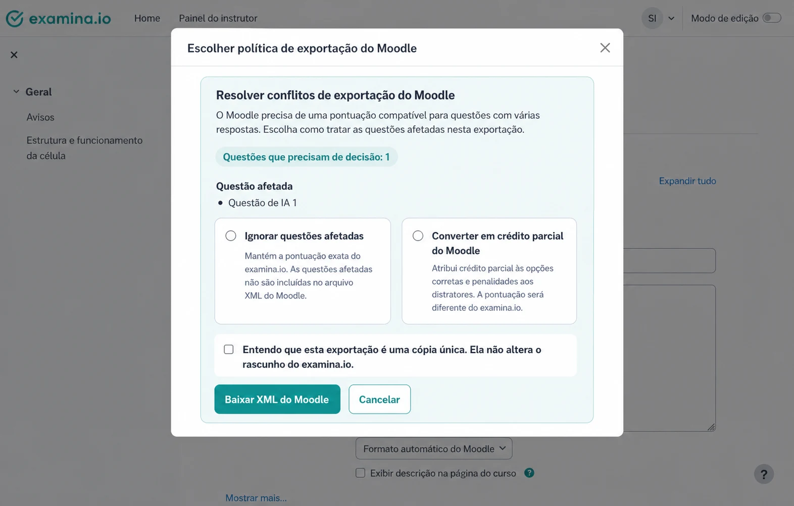 Escolher como o Moodle deve tratar conflitos de pontuação de múltipla escolha