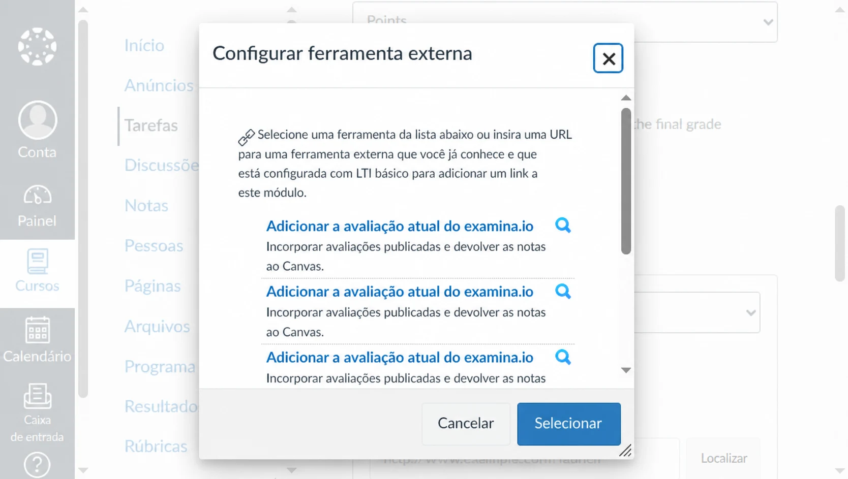 Abrir o examina.io em uma tarefa de Ferramenta externa do Canvas