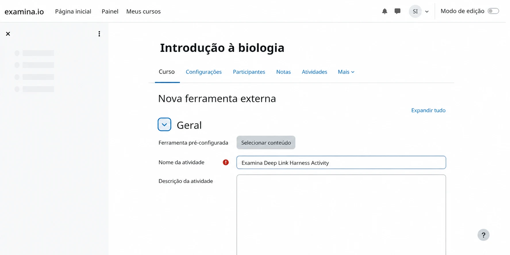 Abrir a seleção de conteúdo do examina.io a partir do Moodle