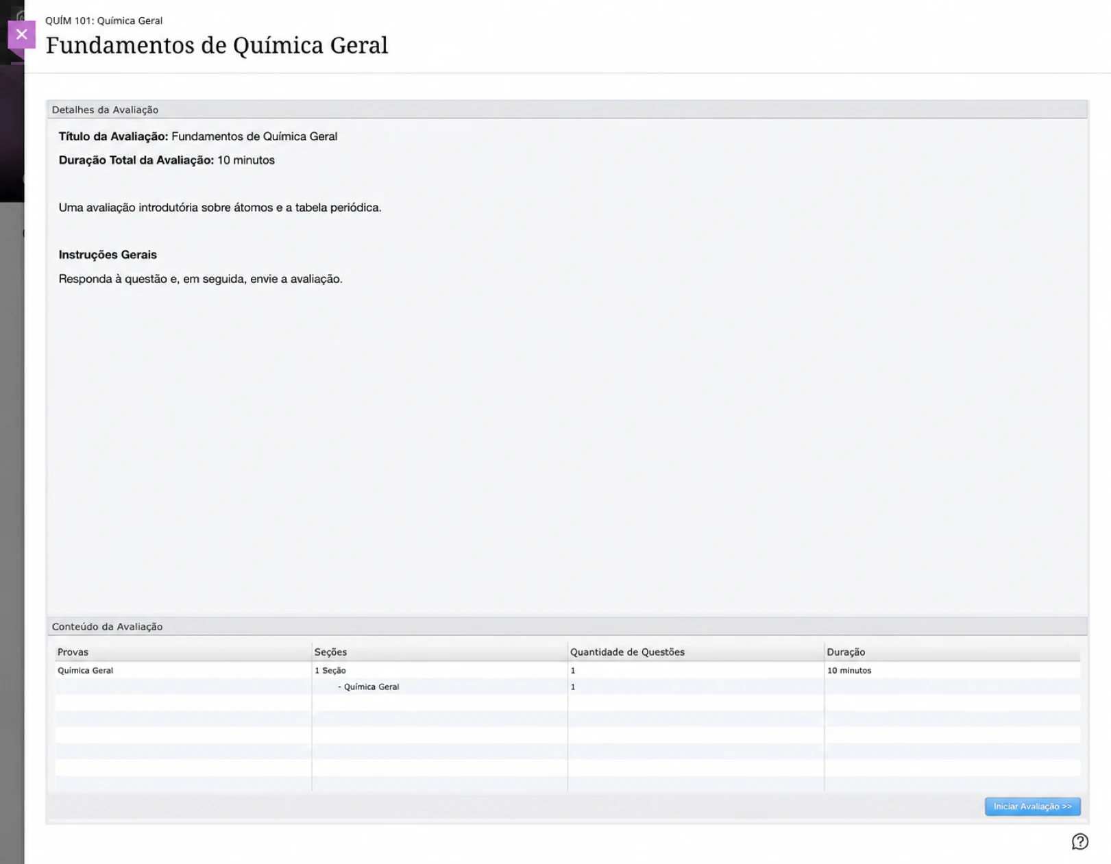 General Chemistry Fundamentals aberto para um candidato no Blackboard Ultra