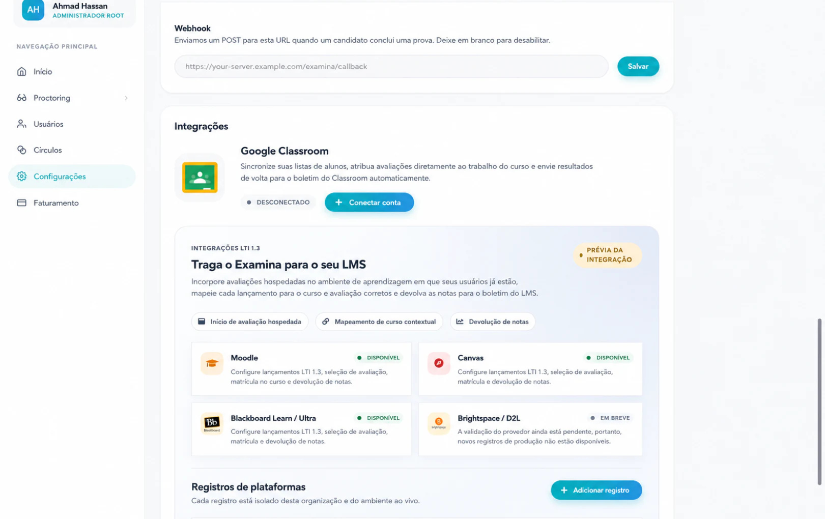 Abrir a área de integração de LMS nas Configurações do examina.io