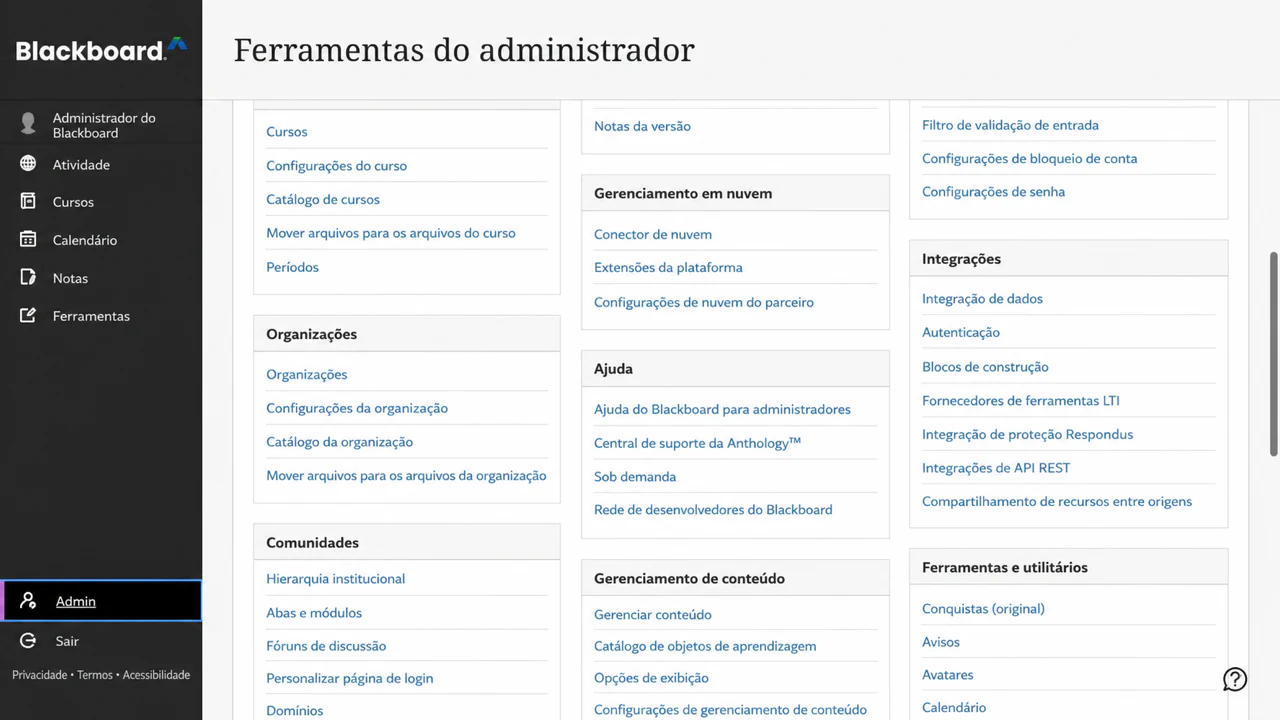 Abrir Provedores de Ferramentas LTI a partir da seção Integrações das Ferramentas do Administrador do Blackboard