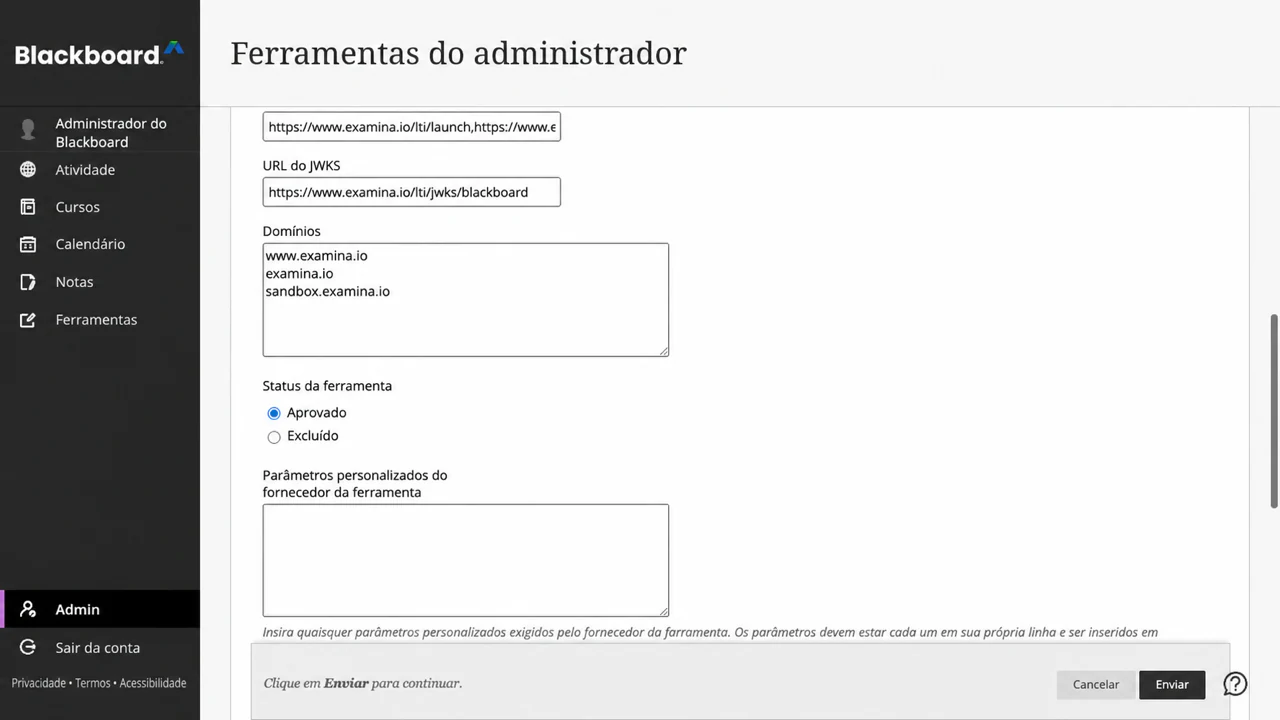Revisar os domínios de produção do Examina e aprovar a ferramenta