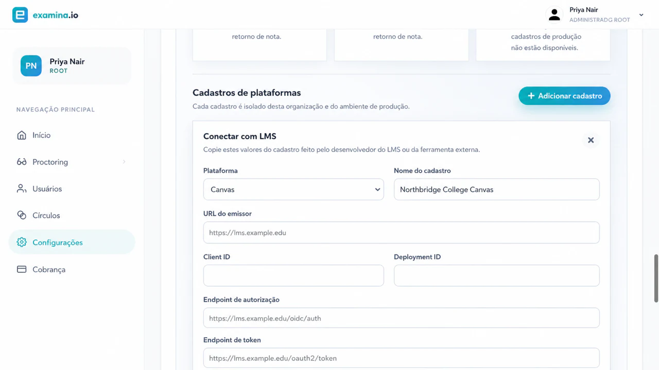 Adicione um registro do Canvas LTI 1.3 no examina.io