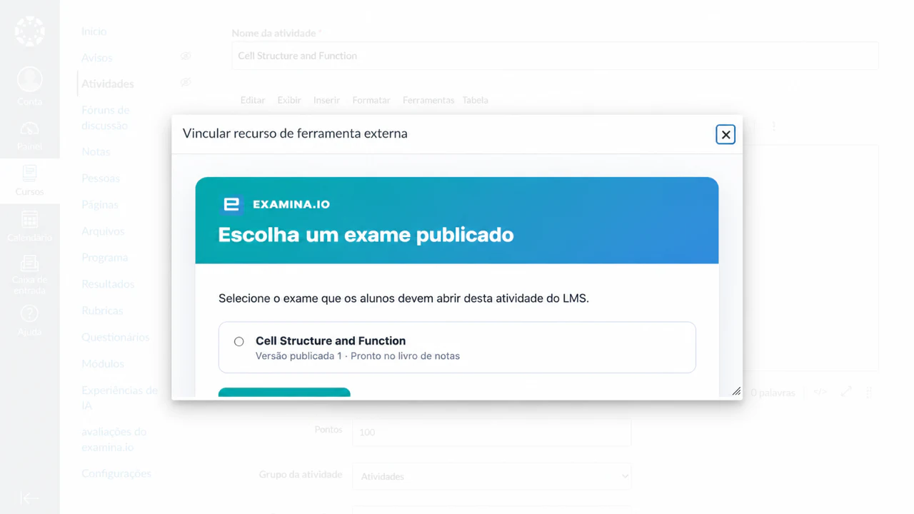 Escolha uma avaliação publicada do examina.io no Canvas