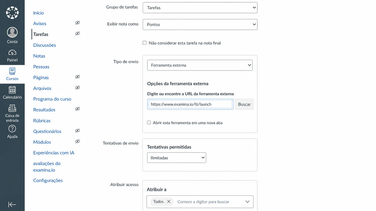 Uma tarefa de Ferramenta Externa do Canvas usando a URL de inicialização de produção do examina.io