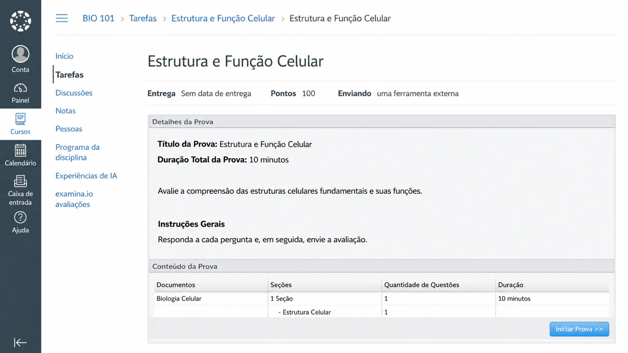 Uma avaliação publicada do examina.io incorporada em uma tarefa do Canvas