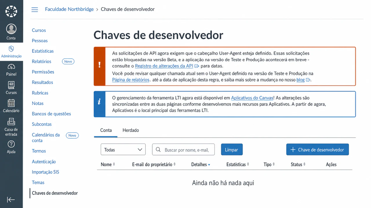 Abra a página Chaves de desenvolvedor do Canvas