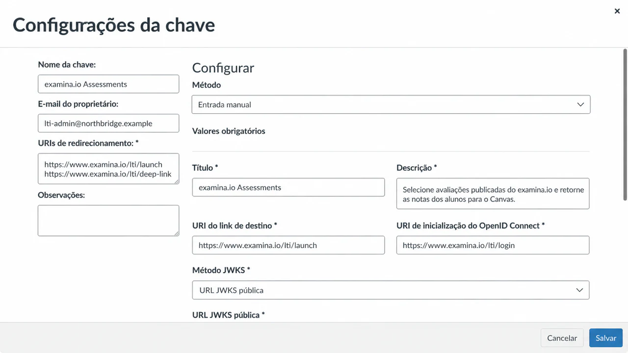 Insira as URLs públicas do examina.io em uma chave LTI do Canvas