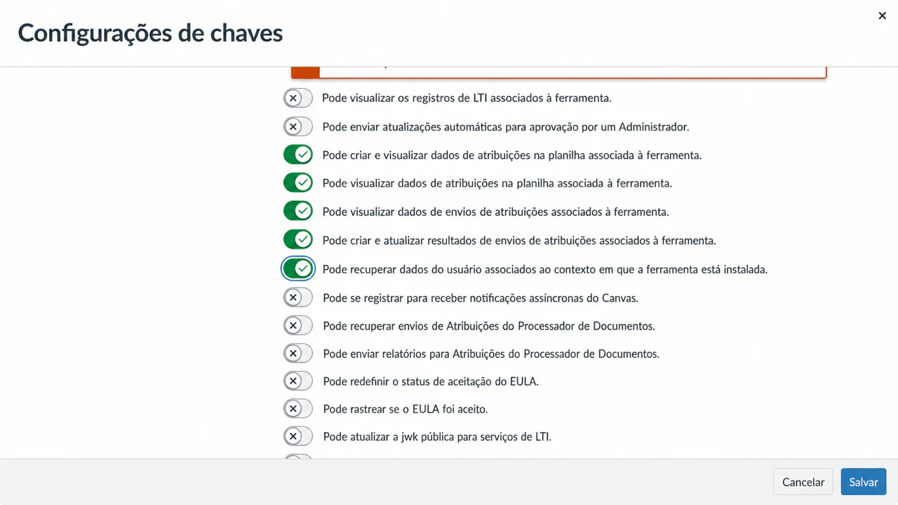 Selecione os escopos de AGS e NRPS opcional do Canvas
