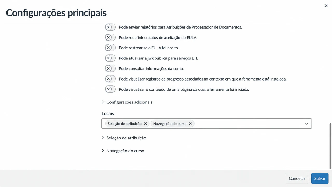 Adicione os posicionamentos Seleção de tarefas e Navegação do curso opcional