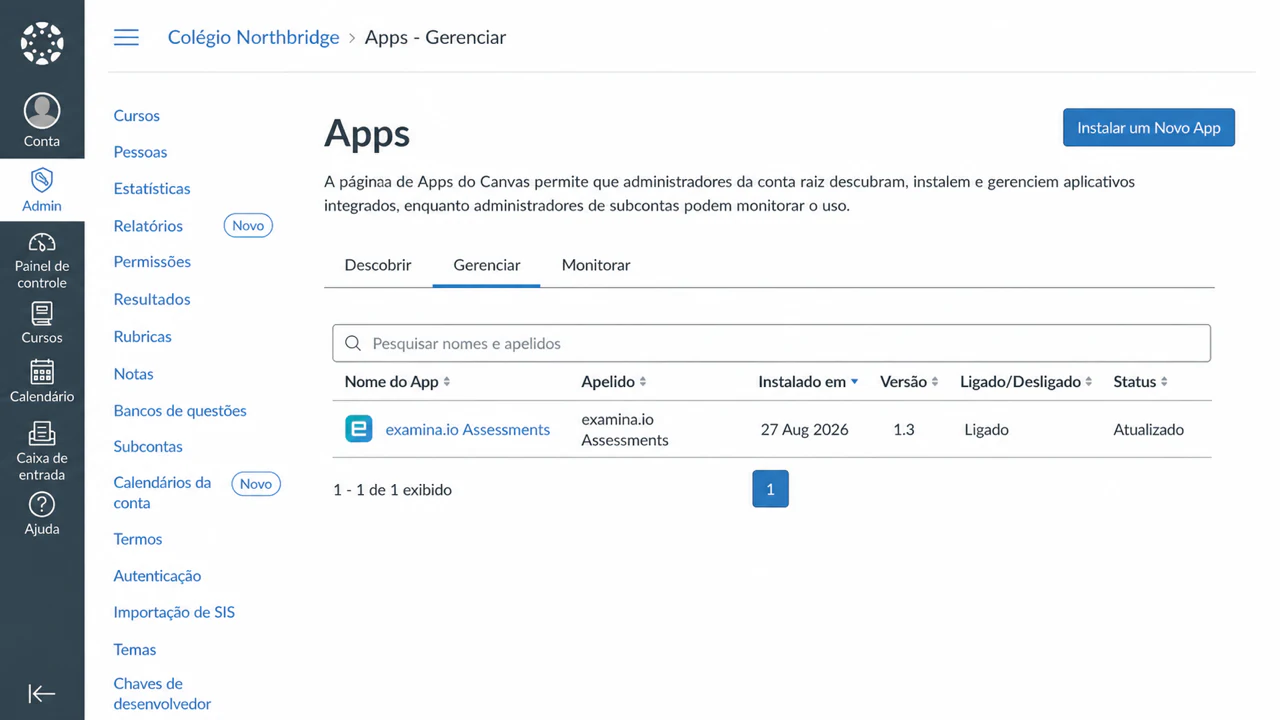 Confirme se o examina.io Assessments está ativo e atualizado nos Aplicativos do Canvas