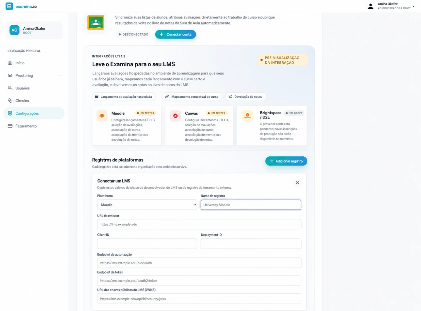 Adicionar um registro do Moodle LTI 1.3 no examina.io