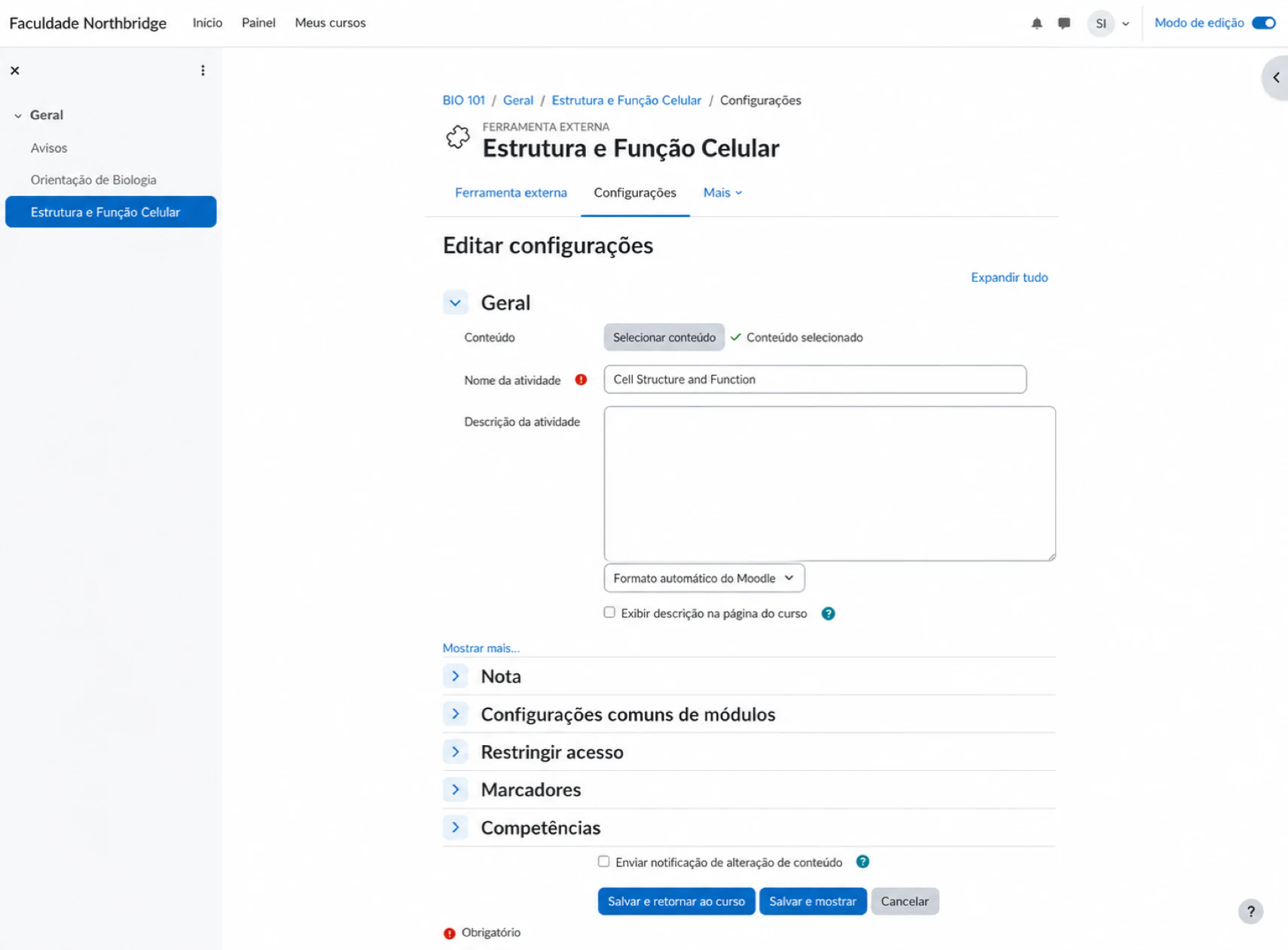 Configurar uma atividade de ferramenta externa em um curso do Moodle
