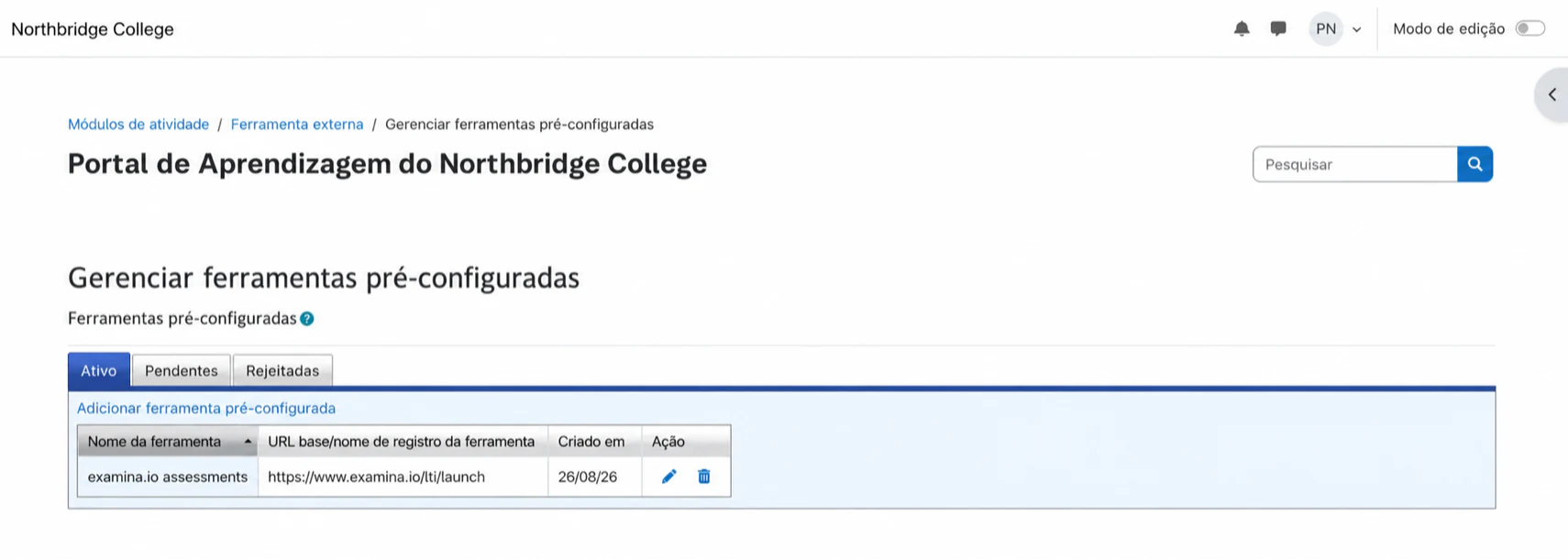A ferramenta ativa do Moodle usando a URL de inicialização de produção do examina.io