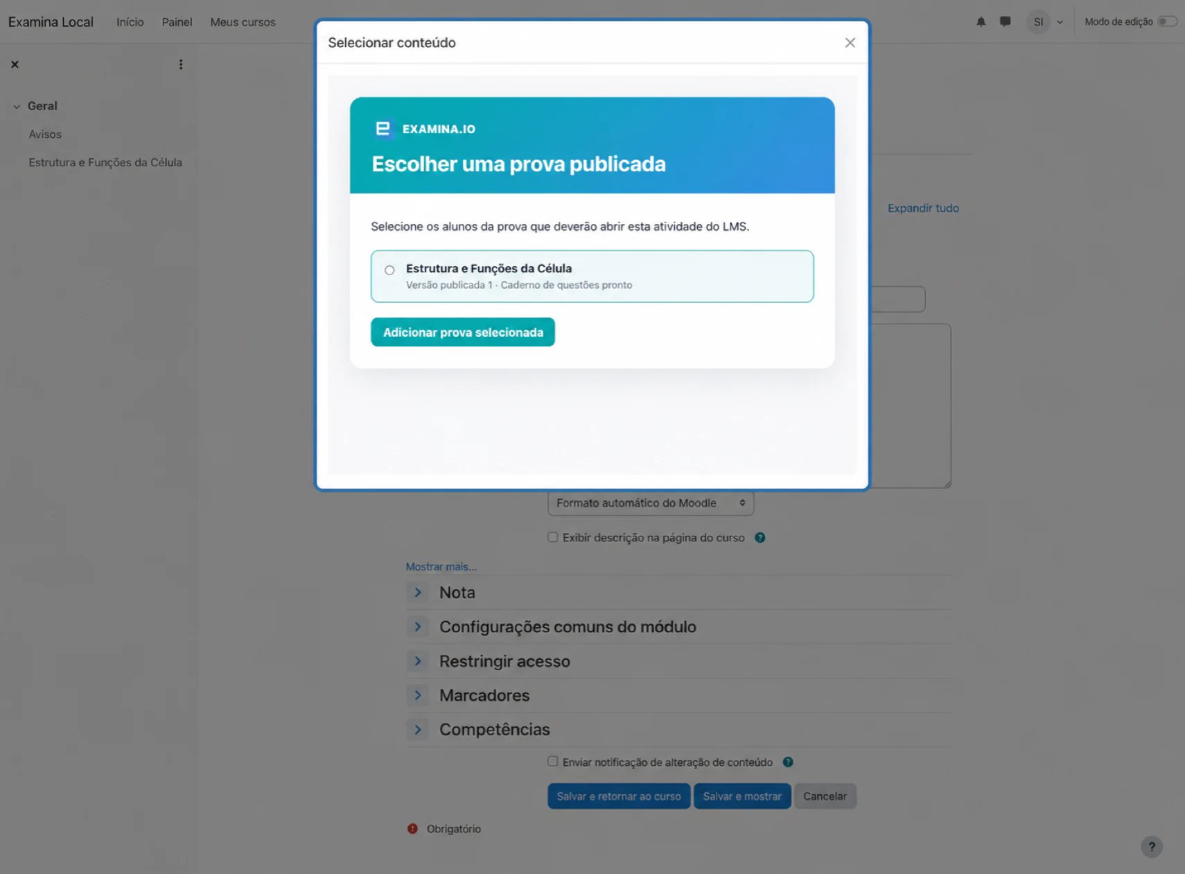 Selecionar uma avaliação publicada do examina.io no Moodle