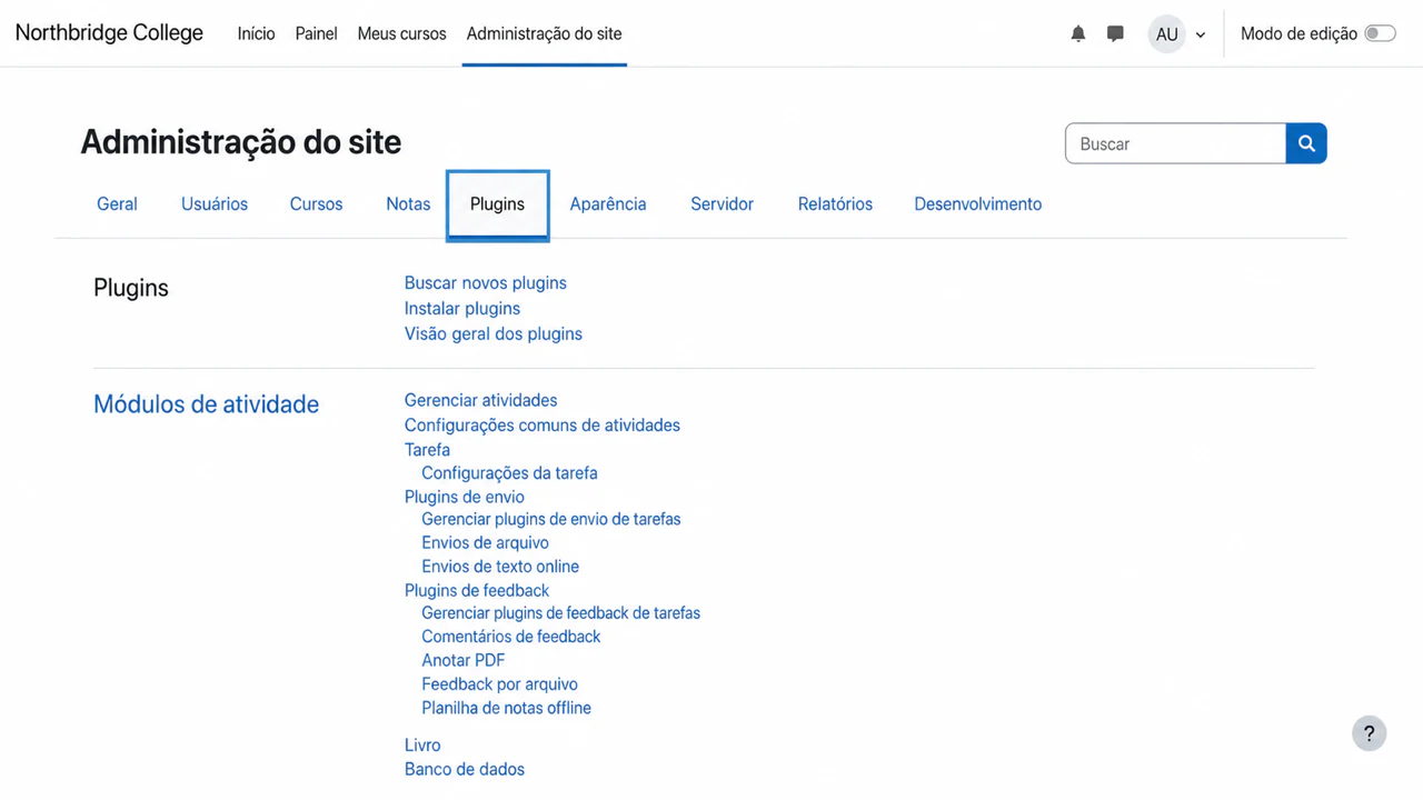 Localizar Módulos de atividade na página de Plugins do Moodle