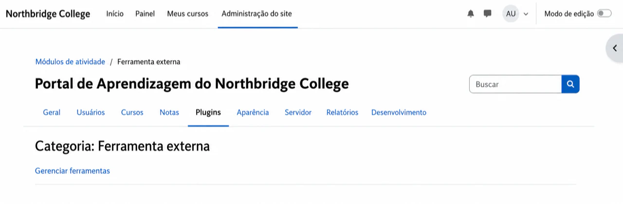 Abrir Gerenciar ferramentas a partir das configurações de Ferramenta externa do Moodle
