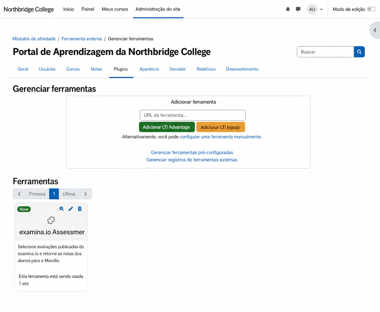 Escolher Configurar uma ferramenta manualmente na página Gerenciar ferramentas do Moodle