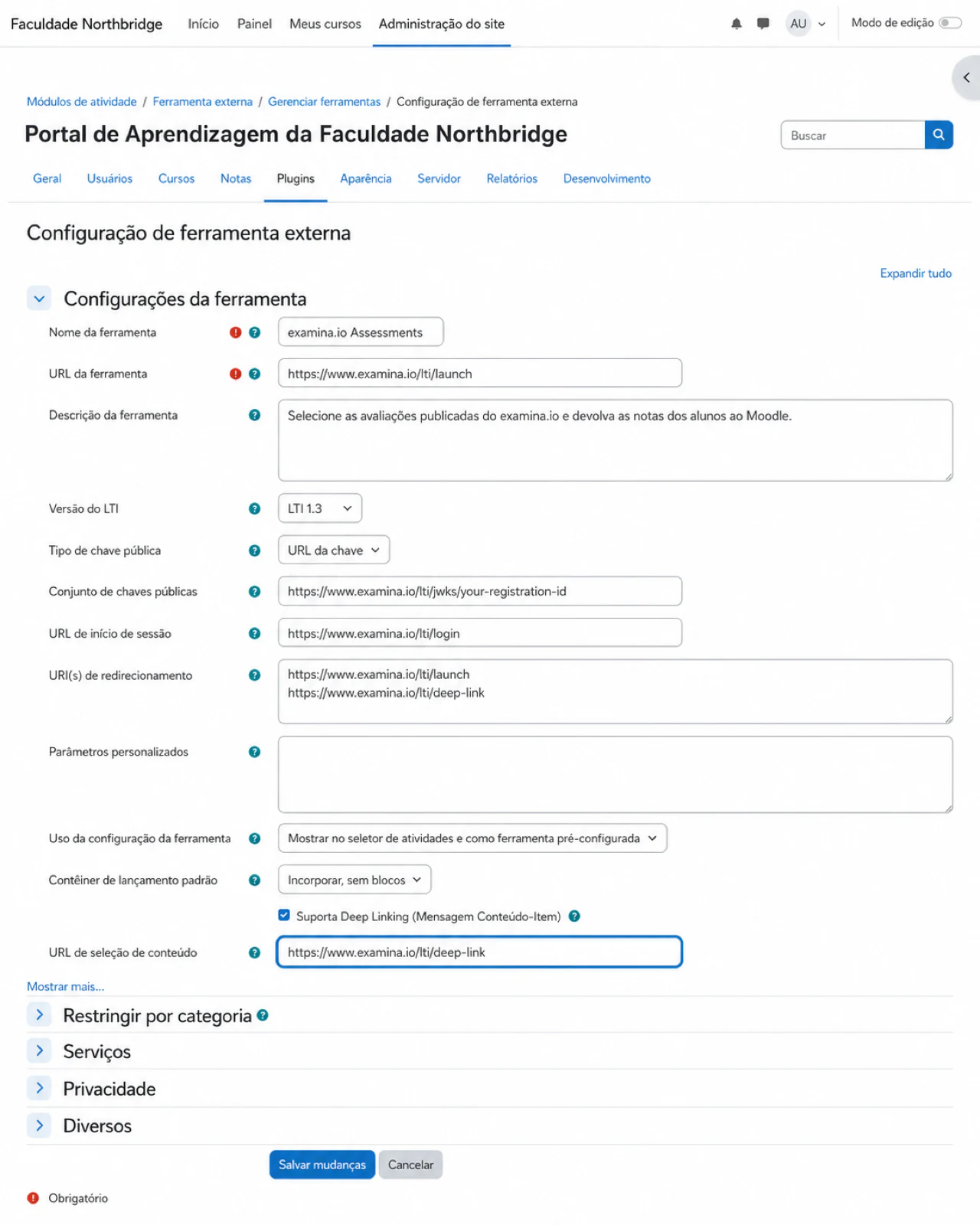 Inserir os endpoints públicos do examina.io no Moodle
