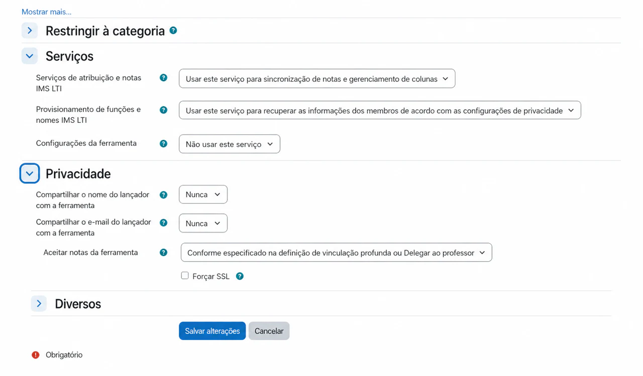 Habilitar serviços de notas e lista do Moodle enquanto limita os dados de identidade compartilhados